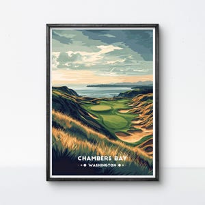 Poster del campo da golf Chambers Bay, stampa artistica del campo da golf Washington, decorazione da parete con dune costiere per ufficio o casa, regalo per appassionati di golf e amanti del design moderno