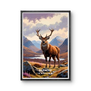 Glencoe Scotland Vintage Poster - Majestic Stag in Highland Landscape - Nature Art Print for Rustic Wall Decor