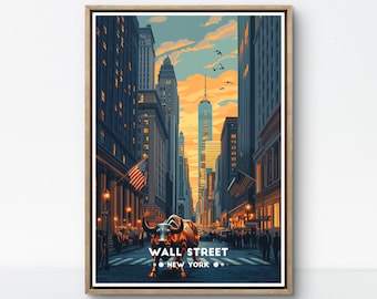 Wall Street Poster: Charging Bull, NYC Skyline, Retro Financial District Art