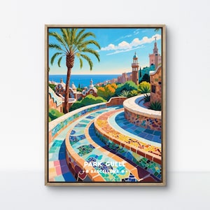 Park Guell Vintage Poster, Barcelona Travel Art, Gaudi Architecture and Mosaic Steps, Colorful Spanish Landmark Wall Decor