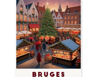 Bruges Poster – Enchanting Winter Christmas Market Scene in the Heart of Belgium&#39;s Fairytale City, Perfect for Home Décor