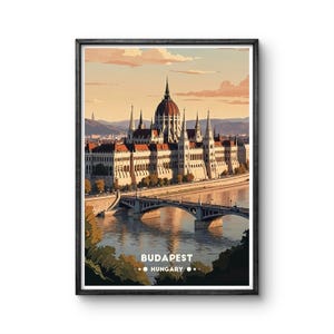 Budapest Vintage Poster | Stunning Hungarian Parliament Building by the Danube River in Sunset Colors