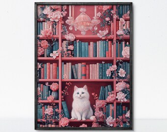 Floral Bookshelf Cat Poster: Romantic Vintage-Style Book Lover Wall Art
