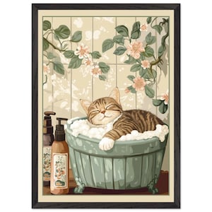 Cat in Bubble Bath Poster: Floral Vintage-Style Bathroom Art