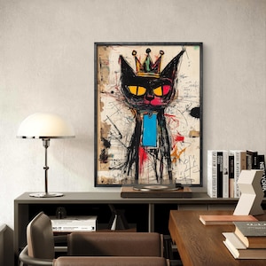 Graffiti schwarze Katze Poster, Urban Street Kunstdruck, Kronenkatze Wandkunst für ausgefallene Wohnkultur, Punk Ästhetik Geschenk, Basquiat Kunst