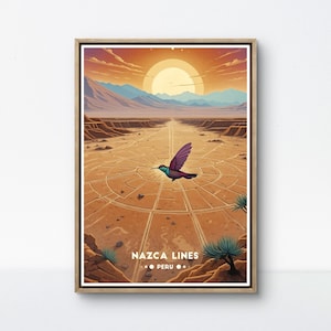 Nazca Lines Vintage Poster, Peru Travel Art, Hummingbird Geoglyph and Desert Landscape, Mystical Peruvian Wall Decor