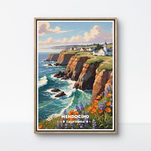 Póster de Mendocino, Impresión de la costa de California, Arte del acantilado oceánico, Decoración de pared de Mendocino, Escena costera retro, Impresión costera de flores silvestres