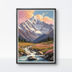 Poster vintage del Nanga Parbat, arte di viaggio in Pakistan, montagne himalayane e ruscello panoramico, decorazione murale con prato vibrante