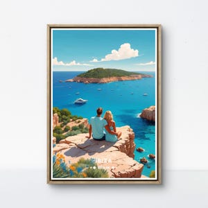 Ibiza Poster, Scenic Mediterranean View, Romantic Couple and Turquoise Ocean Art, Spanish Travel Wall Decor Ibiza Poster