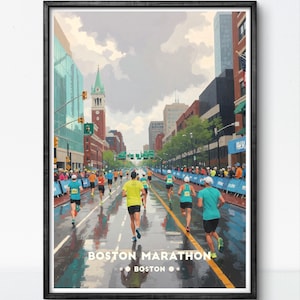 Boston Marathon Poster – Iconic Running Event, Rainy Race Day, Vintage Travel Art Print, marathon world major