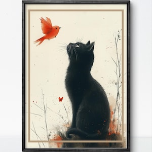 Decoración de gato negro con pájaro rojo: arte caprichoso para amantes de los gatos y espacios de inspiración vintage