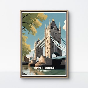 Tower Bridge Vintage Poster, Iconic London Landmark Artwork, England Travel Wall Art for Home and Office Decor