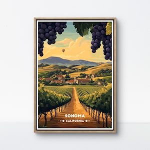 Sonoma Poster, Kalifornien Weinland Druck, Weinberg Wandkunst, Sonoma Valley Dekor, Retro Weingut Poster, Traubenrebe Illustration