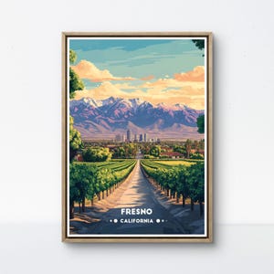Poster di Fresno, stampa della California Valley, scena di vigneto retrò, arte dello skyline di Fresno, vista della Sierra Nevada, decorazione della Central Valley