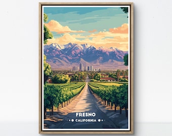 Fresno Poster, California Valley Print, Retro Vineyard Scene, Fresno Skyline Art, Sierra Nevada View, Central Valley Decor