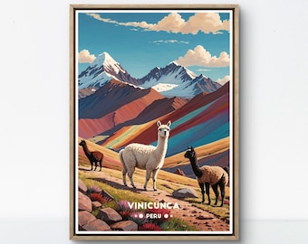 Vinicunca Peru Vintage Poster, Rainbow Mountain Art, Scenic Andes Landscape Decor