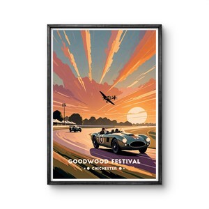 Goodwood Festival Vintage Poster - Classic Cars and Aviation Art Print - Chichester UK Racing Event Wall Decor