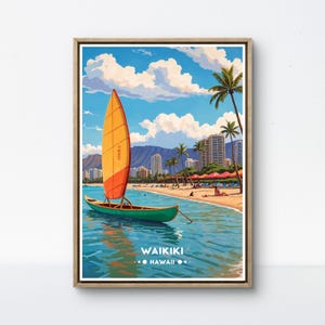 Waikiki Vintage Poster, Tropical Hawaii Art Featuring Iconic Beach and Canoe, Perfect for Coastal Wall Decor and Surf Enthusiasts