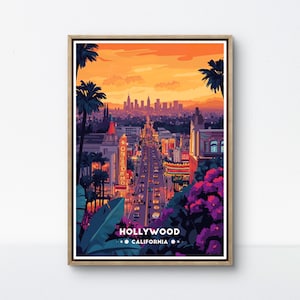 Poster di Hollywood, stampa del tramonto in California, arte retrò dello skyline di Los Angeles, decorazione di Hollywood Boulevard, scena di film classici, arte urbana degli Stati Uniti