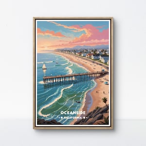 Poster Oceanside, stampa spiaggia California, arte molo Oceanside, scena costiera retrò, decorazione murale Oceanside, arte costa SoCal