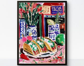 Lámina artística de tacos y talavera: colorida decoración para la cocina mexicana