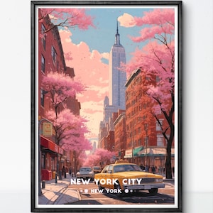 New York City Poster – Empire State Building and Cherry Blossoms in Spring Art Print Yellow Taxi poster
