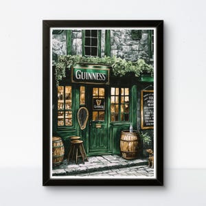 a traditional Irish pub with a green facade, wooden barrels, and a Guinness sign.