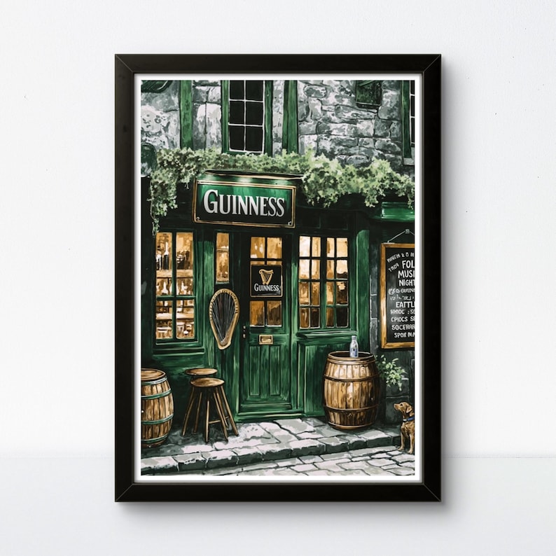 a traditional Irish pub with a green facade, wooden barrels, and a Guinness sign.
