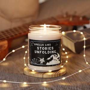Smells Like Stories Unfolding Funny Candle, Unique Gift, Bookworm Gift, Gift For Her, Scented Wax Candle, Dragon Sci-fi Reading Writing Lore