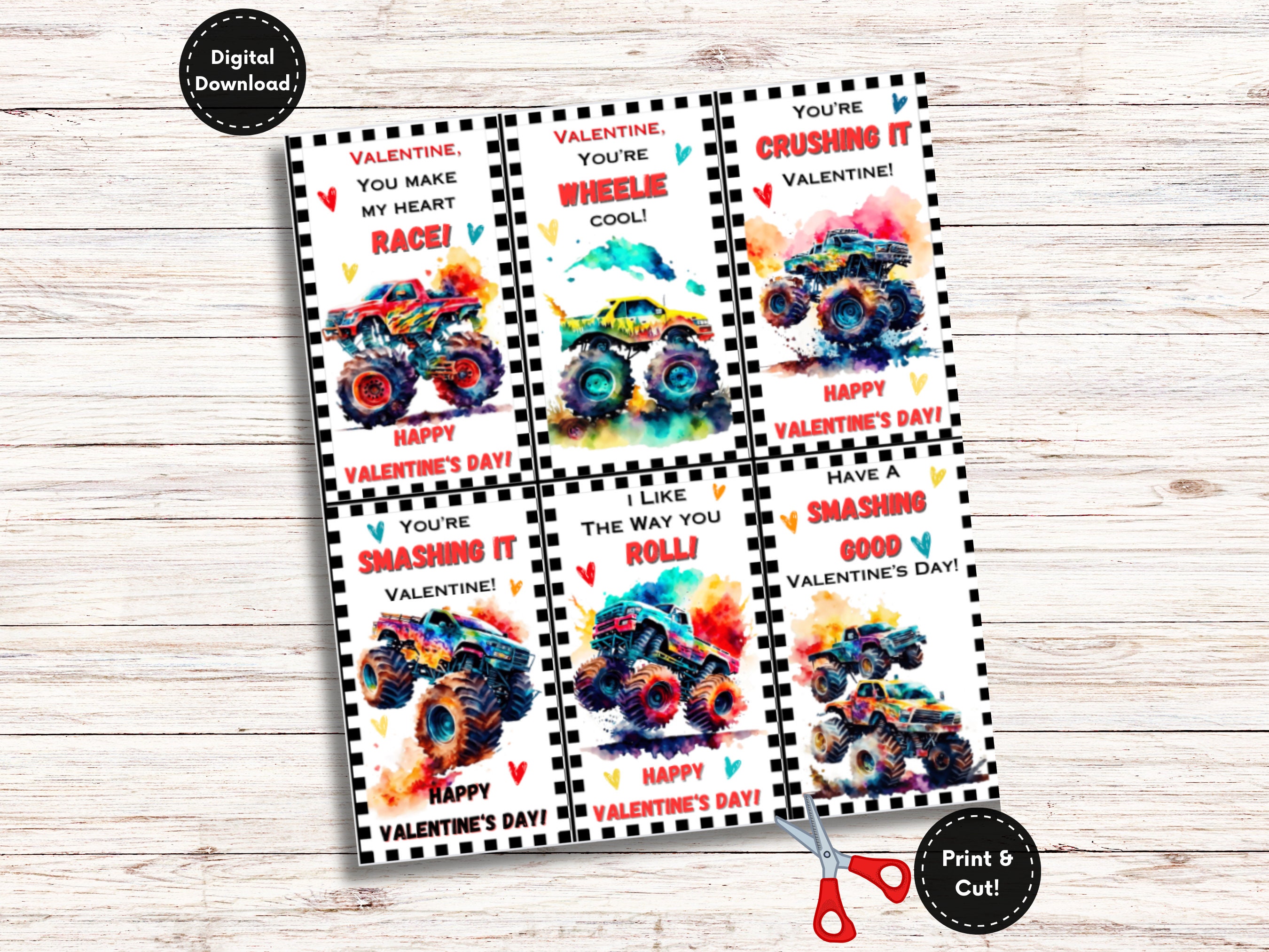 Printable Monster Truck Valentine's Day Card, Kids Valentines Day Card, Classroom Valentine's ...
