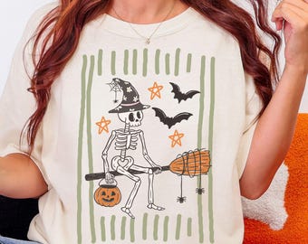 レトロなハロウィンのスケルトンPNG、面白い魔女のスケルトングラフィック、トレンディなハロウィンシャツデザイン、ハロウィンデジタルインスタントダウンロード
