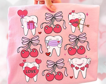 May include: Pink square fabric with a repeating pattern of cartoon teeth with hearts, cherries, and bows. Some teeth hold gifts or wear masks. The word "LOVE" appears on a heart.