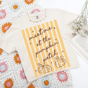May include: Cream-colored t-shirt with the text "meet me at the pumpkin patch" in a vertical striped design. Two pumpkin illustrations are at the bottom. A crochet blanket with floral patterns and a book are in the background.