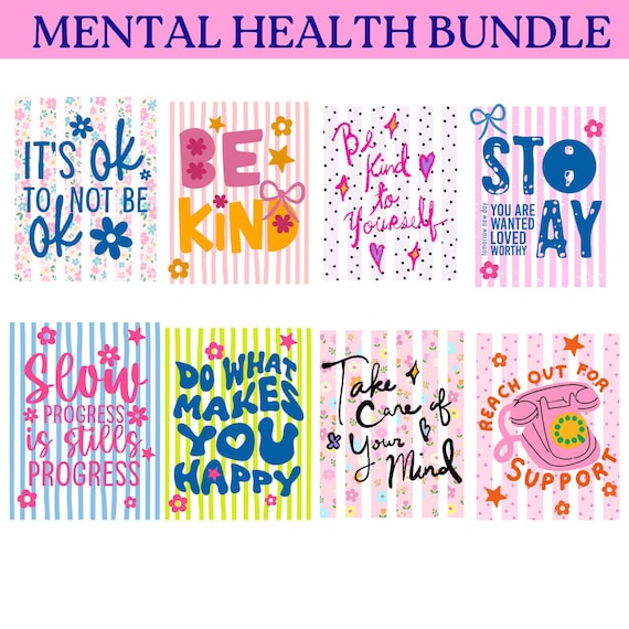 Stripped Mental Health PNG Bundle, Retro Self Care Shirt Design PNG, Trendy Inspirational Designs, Positivity PNG, Spring Floral Pngs