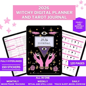 Könnte beinhalten: Ein digitaler Planer und Tarot-Journal für 2026. Das schwarze Cover zeigt ein Design mit Händen, Augen und Sternen. Der Planer enthält Jahres- und Monatsseiten, Mondphasen-Tracking, Ritual- und Zauberprotokolle sowie Trainings-Tracking. Er hat 120 Seiten und 150 Aufkleber.