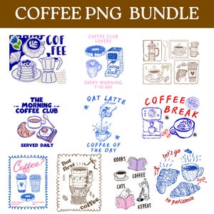以下が含まれることがあります： 手描きのイラストが特徴の、コーヒーをテーマにしたPNGグラフィックのコレクションです。画像には、コーヒーカップ、クロワッサン、コーヒーメーカー、および「Coffee PNG Bundle」、「Coffee Club Lovers」、「Coffee Break」などのテキストが含まれています。カラーパレットは主に青と茶色です。