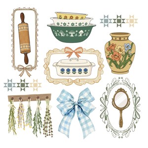 May include: A collection of vintage-style kitchen and home decor illustrations. Includes a rolling pin, casserole dishes, a vase with flowers, a hand mirror, a blue gingham bow, and hanging herbs. The color palette features soft greens, yellows, and blues.