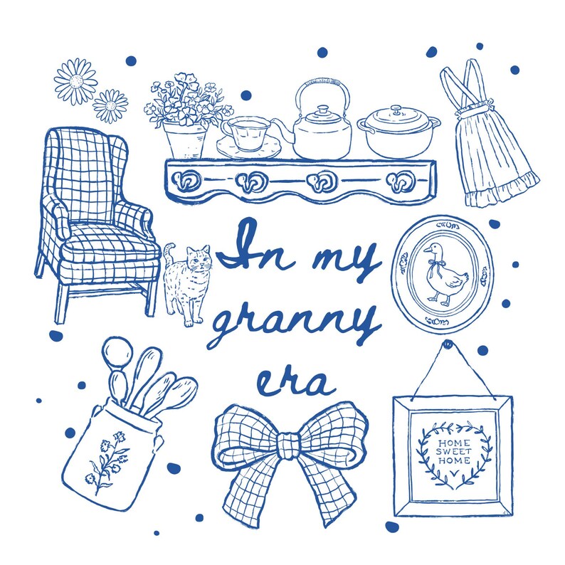 May include: Blue and white illustration with the text "In my granny era." The image features a checkered armchair, a cat, kitchenware, a bow, a framed sign, and a plate with a duck design.