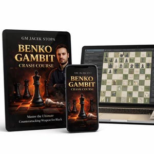 May include: An image showcasing a chess course titled "Benko Gambit Crash Course" by GM Jacek Stopa. The course is displayed on a tablet, smartphone, and laptop, with a chess board visible on the laptop screen. PGN files are also present.