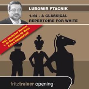 May include: A DVD case for a chess training program titled 1.d4 - A CLASSICAL REPERTOIRE FOR WHITE by Lubomir Ftacnik. The cover features a portrait of the author and black silhouettes of chess pieces with human bodies against a brown background.