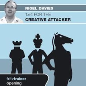 以下が含まれることがあります： Nigel Davies著「1.e4 FOR THE CREATIVE ATTACKER」のDVDジャケット。ジャケットにはNigel Daviesの写真と、ルーク、キング、ナイトのチェスの駒を頭に乗せた3人の人物のグラフィックイラストが描かれています。fritztrainer openingの文字とfritzのロゴが表示されています。