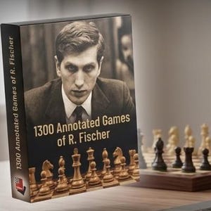 Könnte beinhalten: Ein Laptop zeigt eine Schachspieloberfläche mit Schachbrett und Analyse. Daneben ist ein Buch mit dem Titel "1300 Annotated Games of R. Fischer" zu sehen. Das Bild enthält auch ein Schachspiel und den Text "PGN Digital Download".