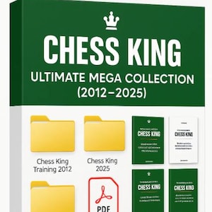 May include: A green and white box with the text "CHESS KING ULTIMATE MEGA COLLECTION (2012-2025)". Includes folders, books, and a PDF icon. The box also lists training guides and download access.