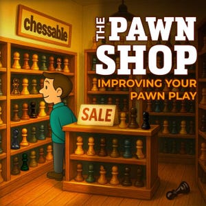 May include: An illustration of a chess pawn shop with shelves filled with chess pieces. A sign reads "chessable" and another says "SALE". The shop's name is "THE PAWN SHOP" with the tagline "IMPROVING YOUR PAWN PLAY". A person is looking at the chess pieces.