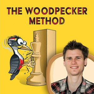 Peut inclure: Fond jaune avec le texte "THE WOODPECKER METHOD" en rouge et noir. Un dessin animé de pic-vert picore un pion d'échecs. Un homme en chemise à carreaux est dans un cadre circulaire.