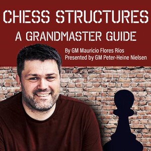 May include: Book cover with the title "CHESS STRUCTURES" in white, block letters. Below, "A GRANDMASTER GUIDE" is written in white. The cover features a man smiling in front of a brick wall, with a chess piece silhouette.