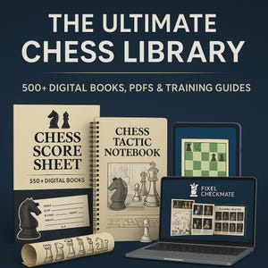 Op de afbeelding: Een advertentie voor "The Ultimate Chess Library" met een laptop, tablet en diverse schaakboeken en notitieboekjes. De afbeelding bevat de tekst "500+ digitale boeken, PDF's en trainingsgidsen."