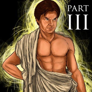 Puede incluir: Ilustración digital de un hombre con cabello castaño y expresión seria, vistiendo una tela blanca drapeada. El fondo presenta líneas amarillas arremolinadas y el texto "PART III" en blanco.