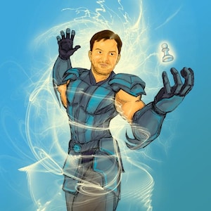 May include: Digital illustration of a person in a superhero-style outfit, with blue and gray armor, and a chess piece floating in the air. The background is a light blue with white lightning bolts.