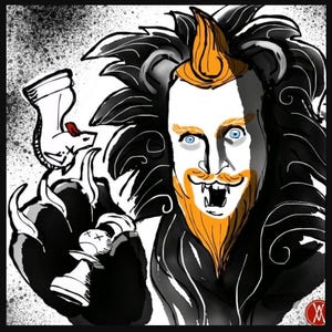 May include: Illustration of a man with orange hair and beard, blue eyes, and a fierce expression. He has a lion-like mane and is holding a chess piece and a stylized object. The artwork is in black, white, and orange.